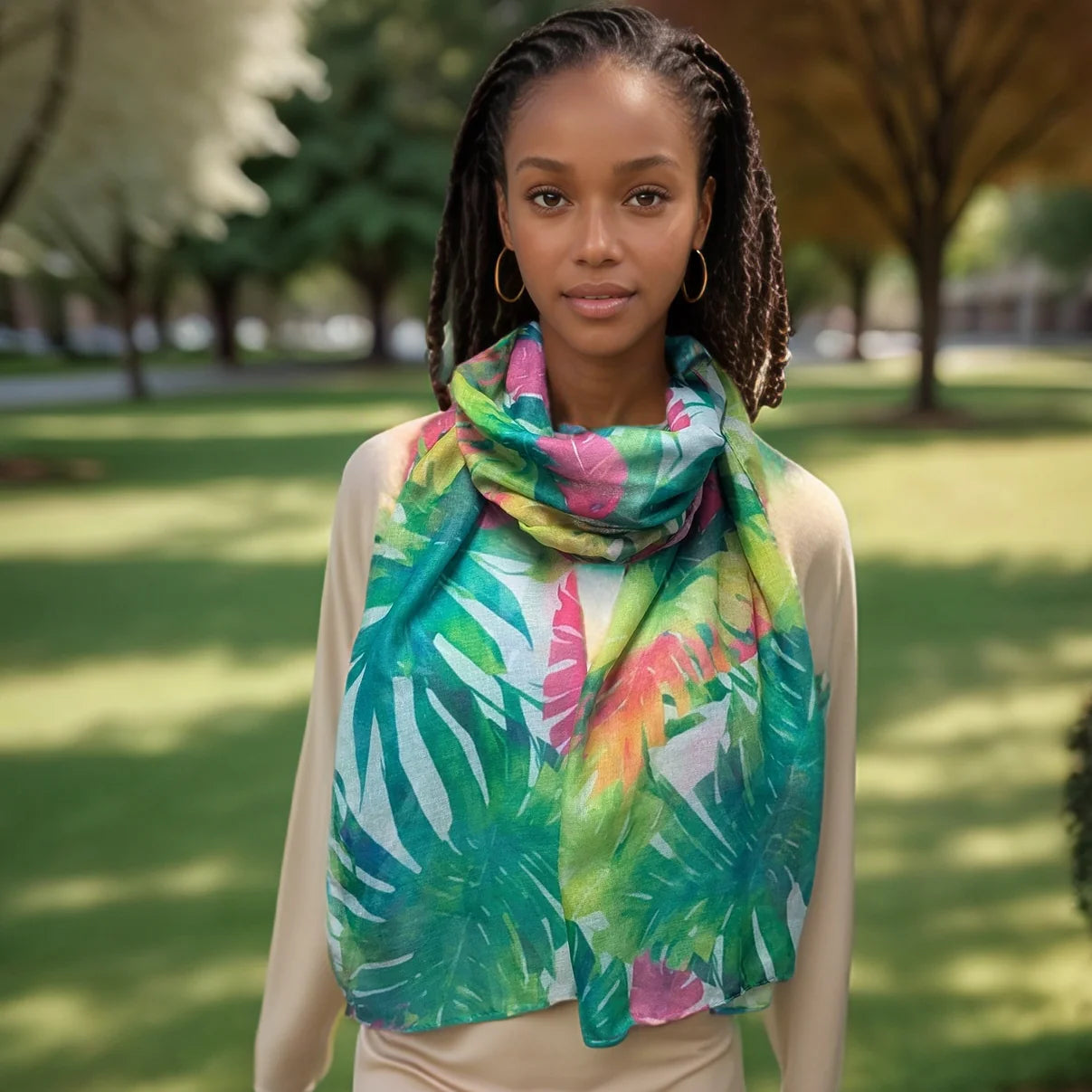 Black Ginger 180cm Green Bright Tropical Flowers Scarf