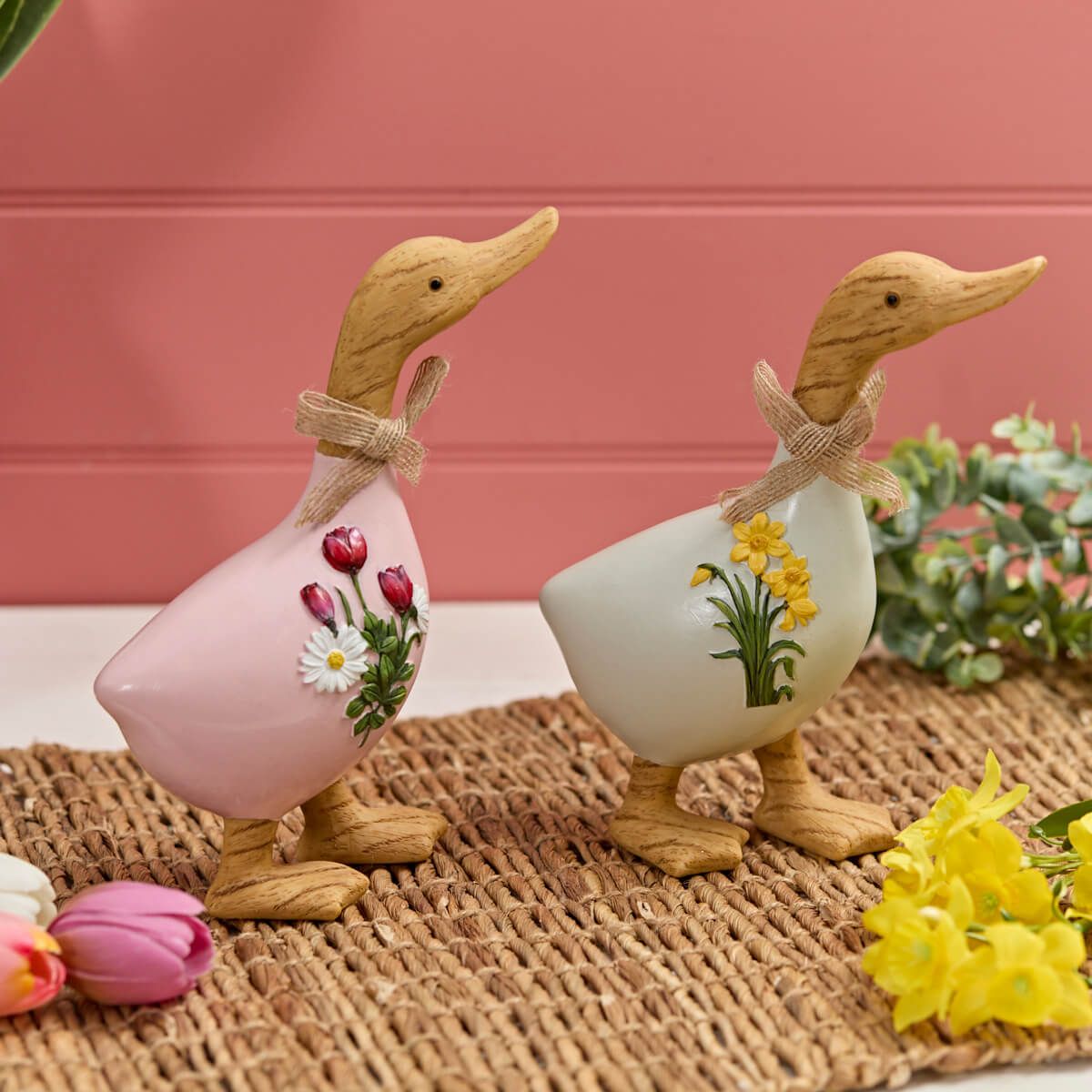 Richard Langs Wood & Resin Duck With Embossed Flowers Ornament (Choice of 2) - 7FD140