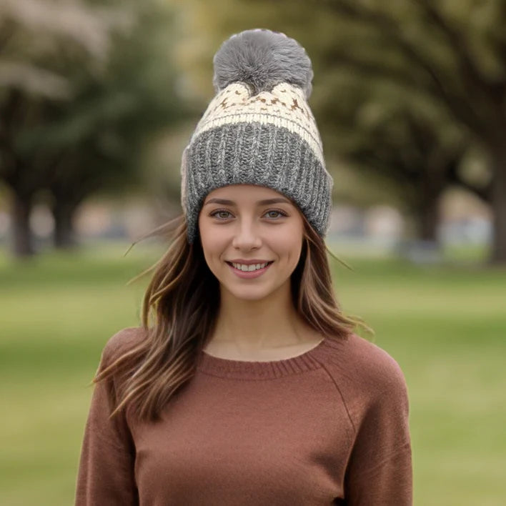 Black Ginger Fair Isle Pattern PomPom Hat - Grey