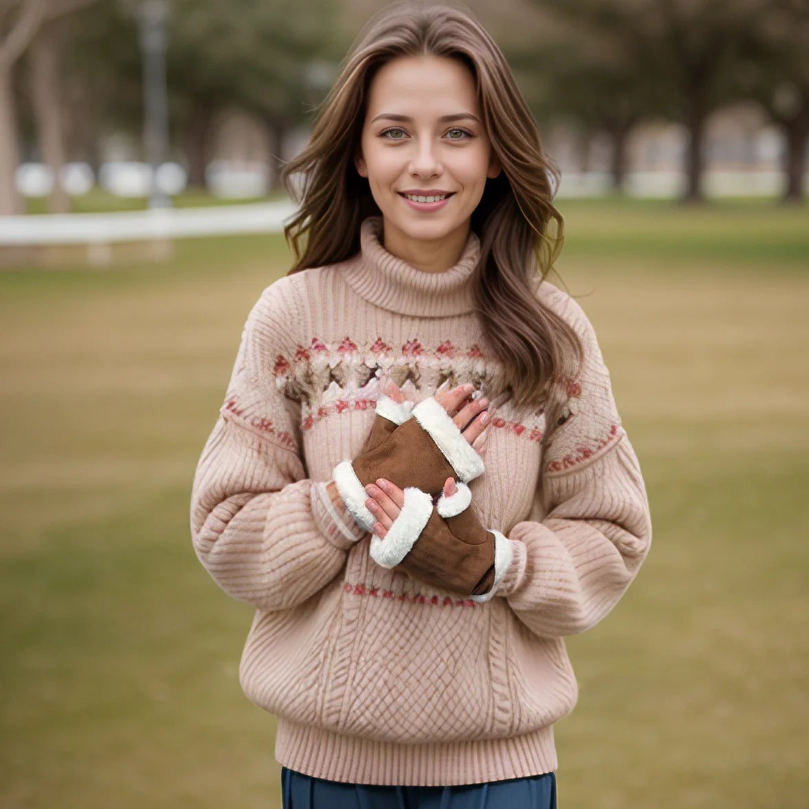 Black Ginger Sheepskin Style Fingerless Gloves - Tan