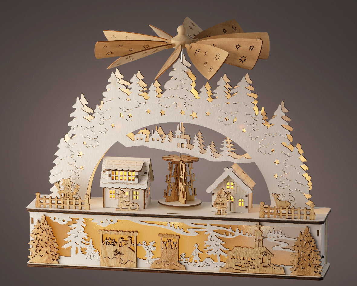 Lumineo 37cm Wooden Christmas Village LED Scene with Windmill