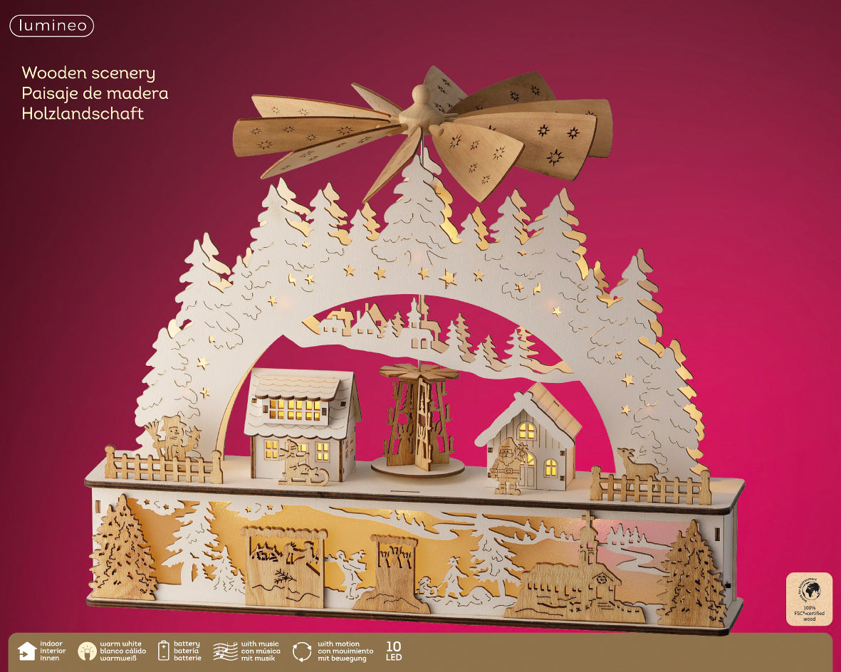 Lumineo 37cm Wooden Christmas Village LED Scene with Windmill