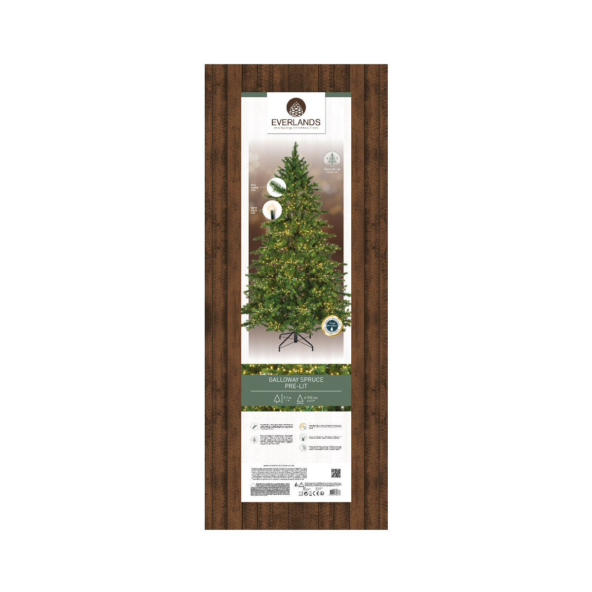 Everlands 2.1m (7ft) Galloway Spruce Pre-Lit Artificial Christmas Tree