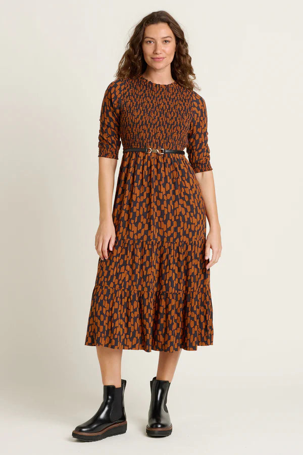 Brakeburn 12 Brown Brush Strokes Midi Dress