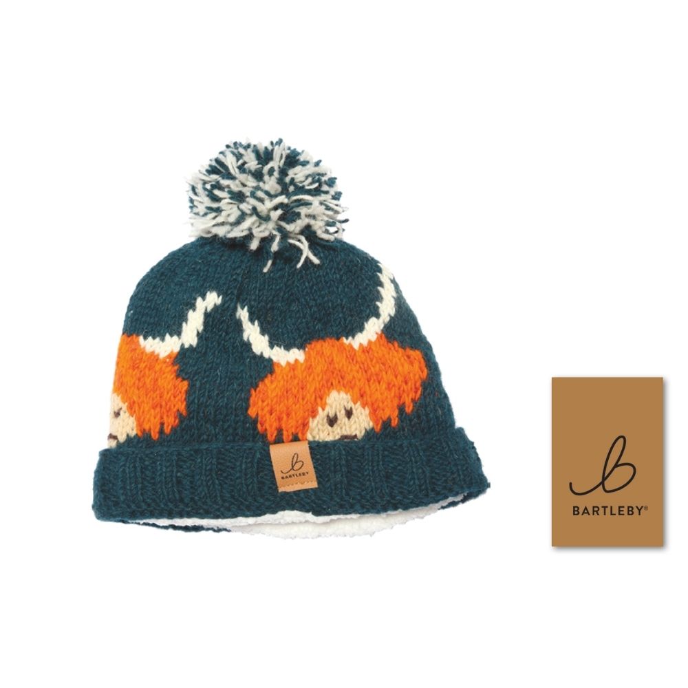 Bartleby Highland Cow Wool Knit Bobble Hat - Teal