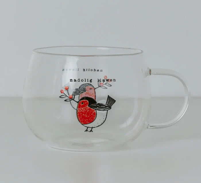 Belly Button 7.5cm Glass Mug - Nadolig Llawen - Robin