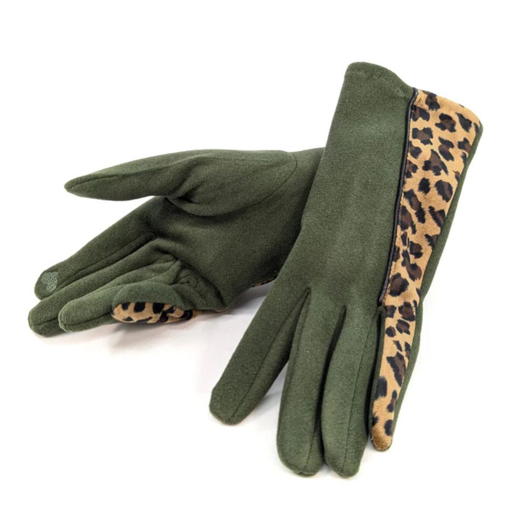 Black Ginger Animal Print Brushstroke Gloves - Green