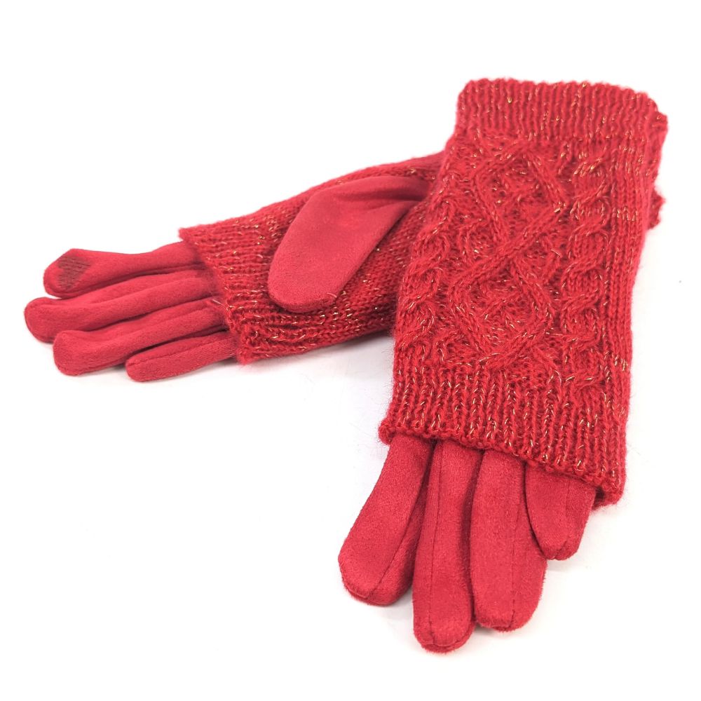 Black Ginger Cable Knit Two in One Sparkle Gloves - Bright Red