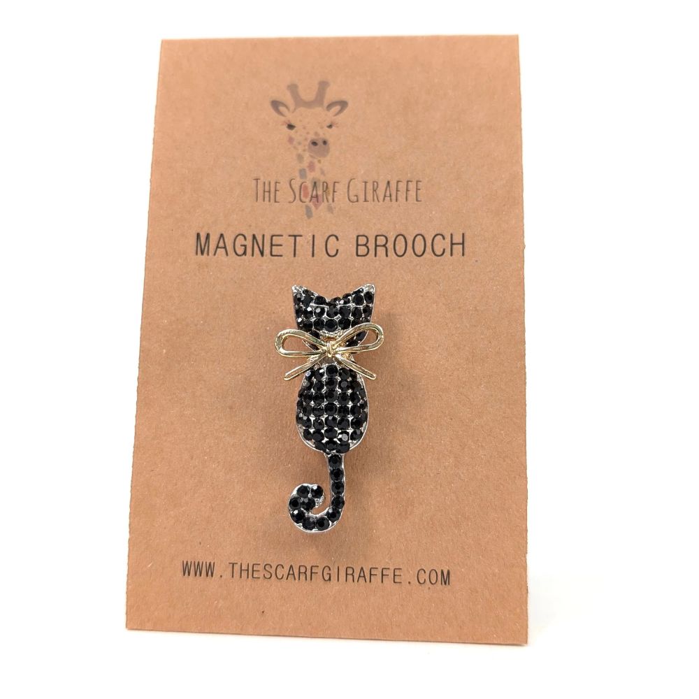 Black Ginger Cat & Bow Magnetic Brooch - Black