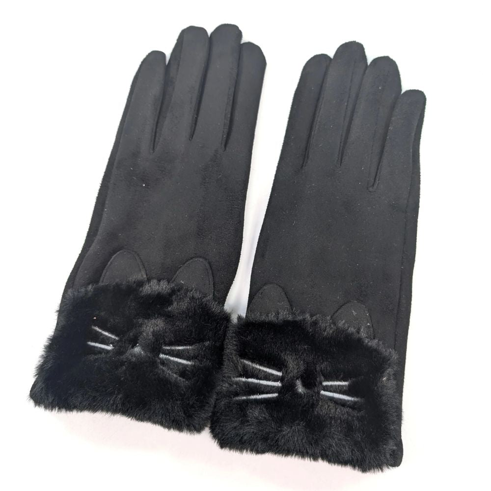 Black Ginger Cats Whiskers Faux Fur Gloves - Black