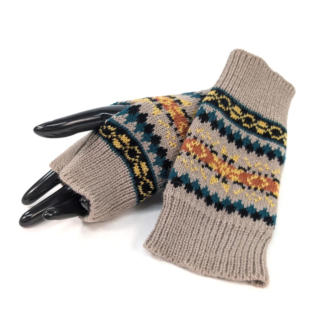 Black Ginger Knitted Stripey Fingerless Gloves - Mocha