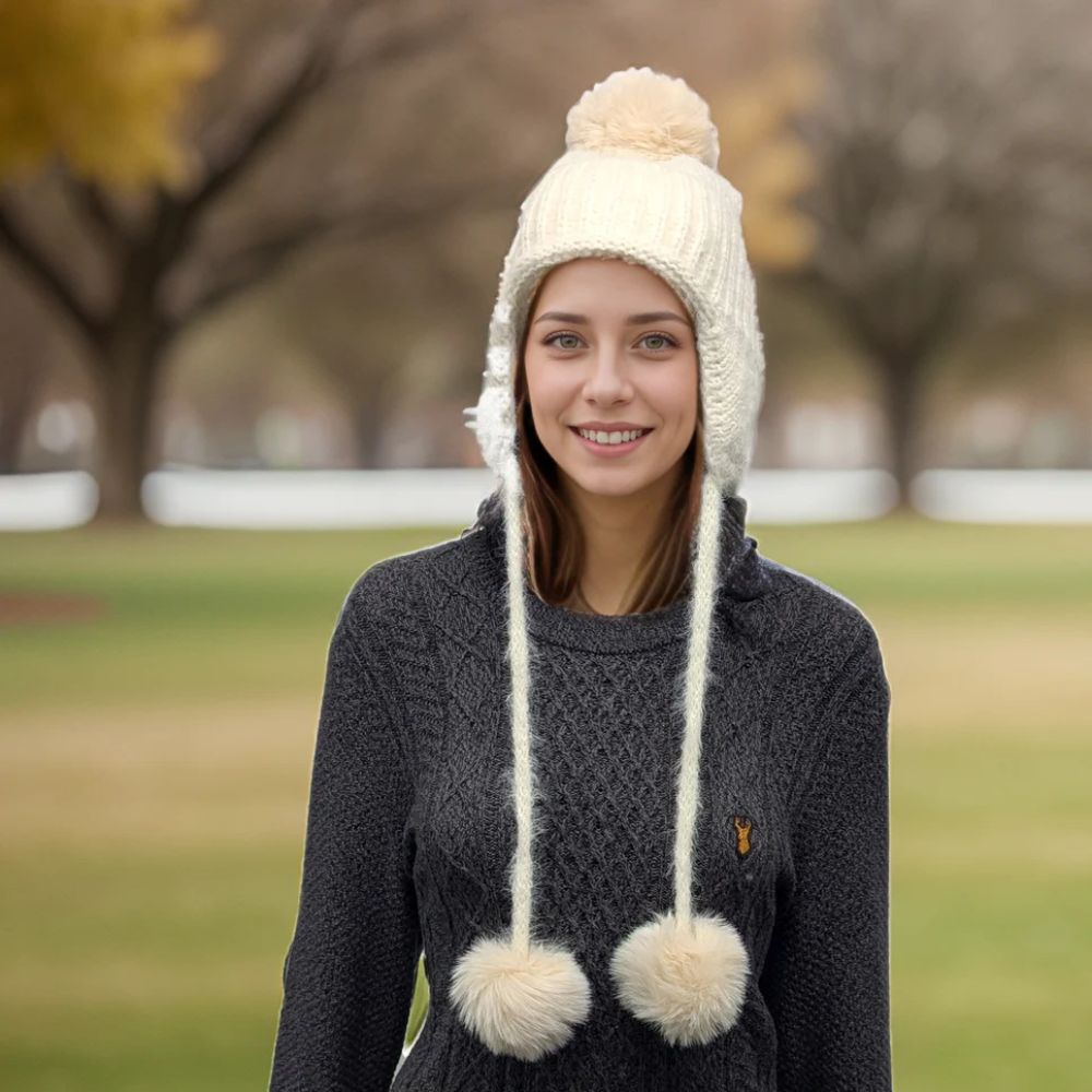 Black Ginger Long Tie Pom Pom Knitted Hat - Cream