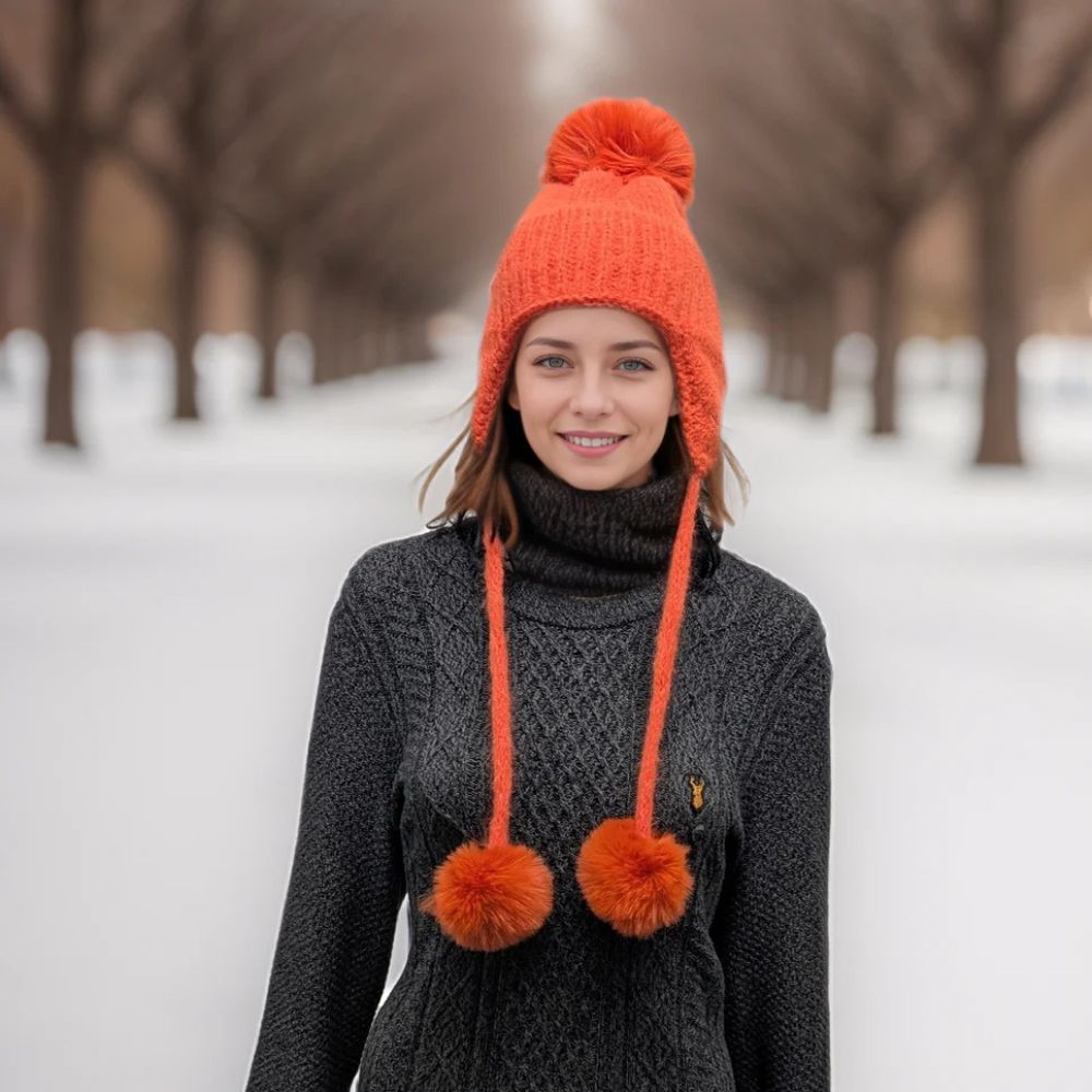 Black Ginger Long Tie Pom Pom Knitted Hat - Orange