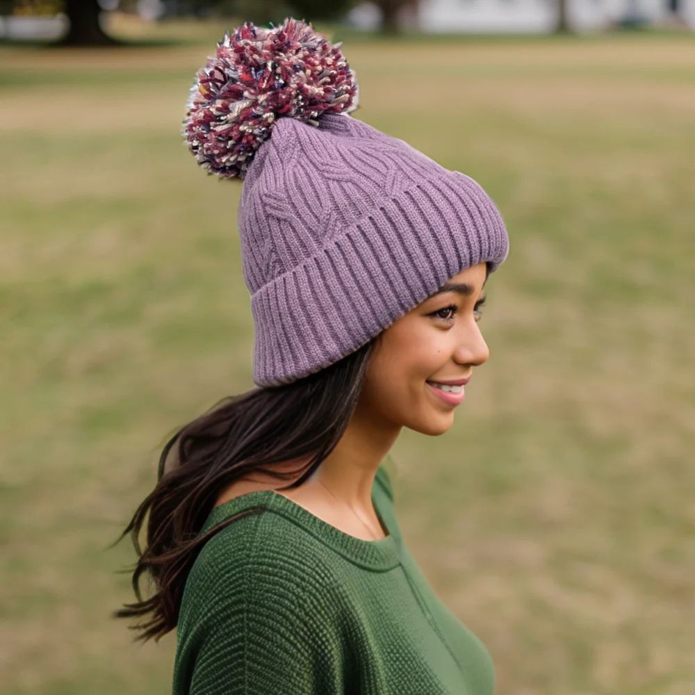 Black Ginger Multi-Coloured Pom Pom Knitted Hat - Purple