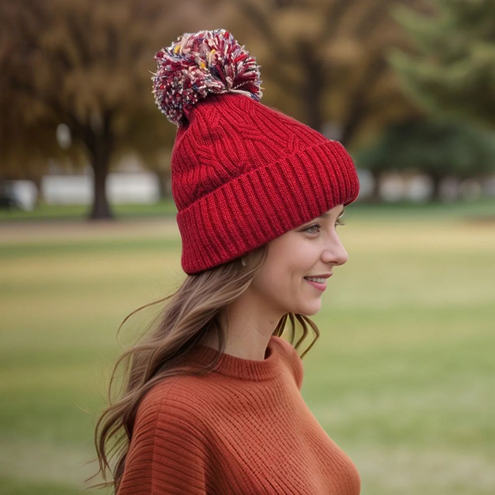 Black Ginger Multi-Coloured Pom Pom Knitted Hat - Dark Red