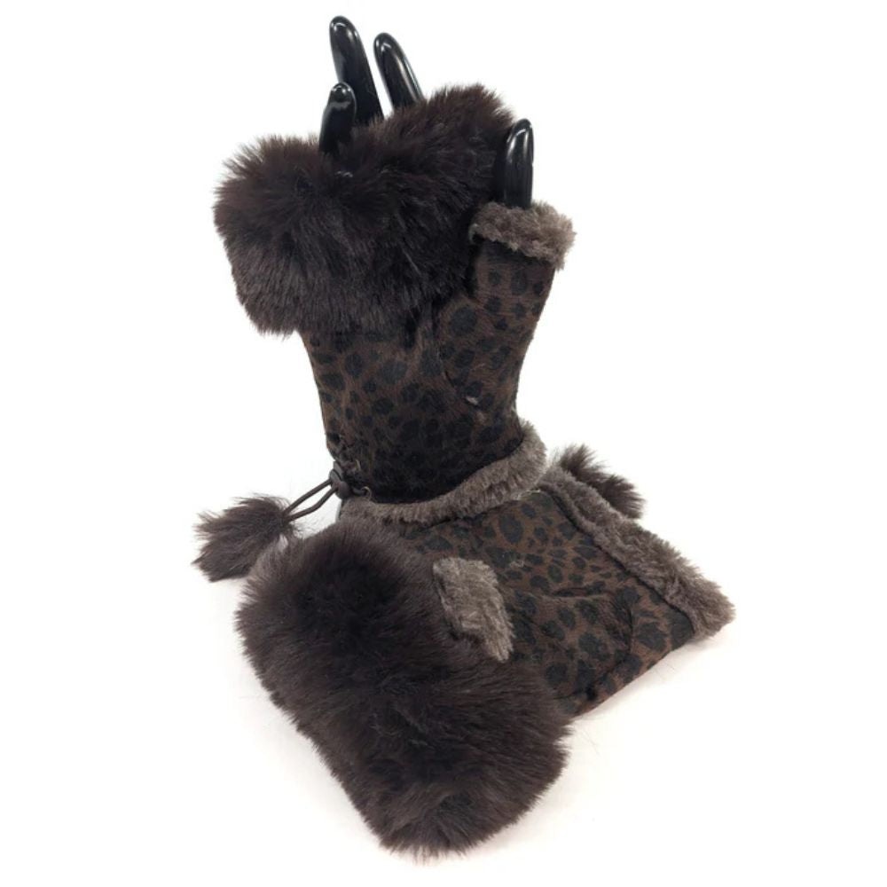 Black Ginger Suede Effect Animal Print Fingerless Gloves - Dark Brown