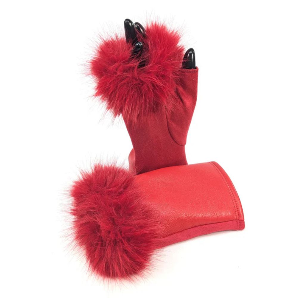Black Ginger Vegan Leather and Faux Fur Fingerless Gloves - Red