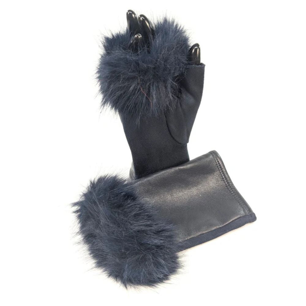 Black Ginger Vegan Leather and Faux Fur Fingerless Gloves - Navy