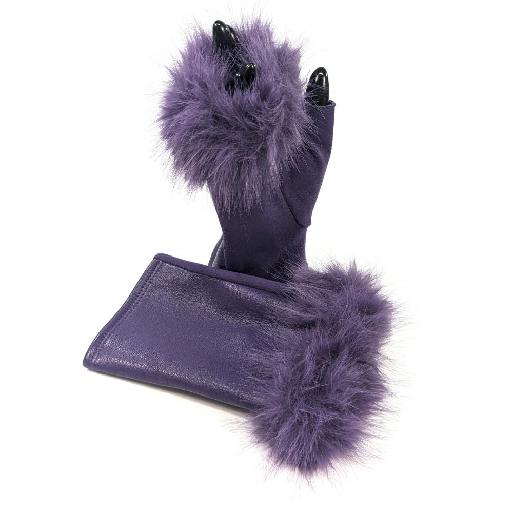 Black Ginger Vegan Leather and Faux Fur Fingerless Gloves - Purple