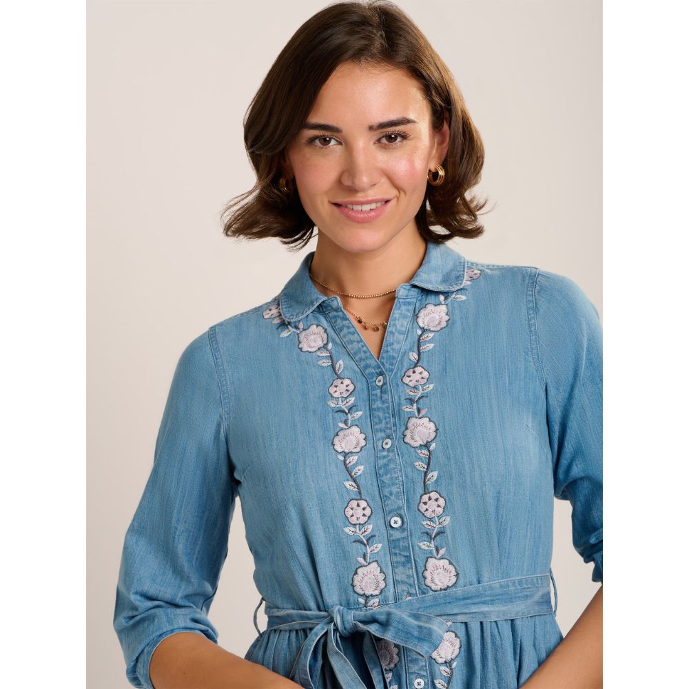 Brakeburn Viviana Embroidered Maxi Denim Dress - Blue