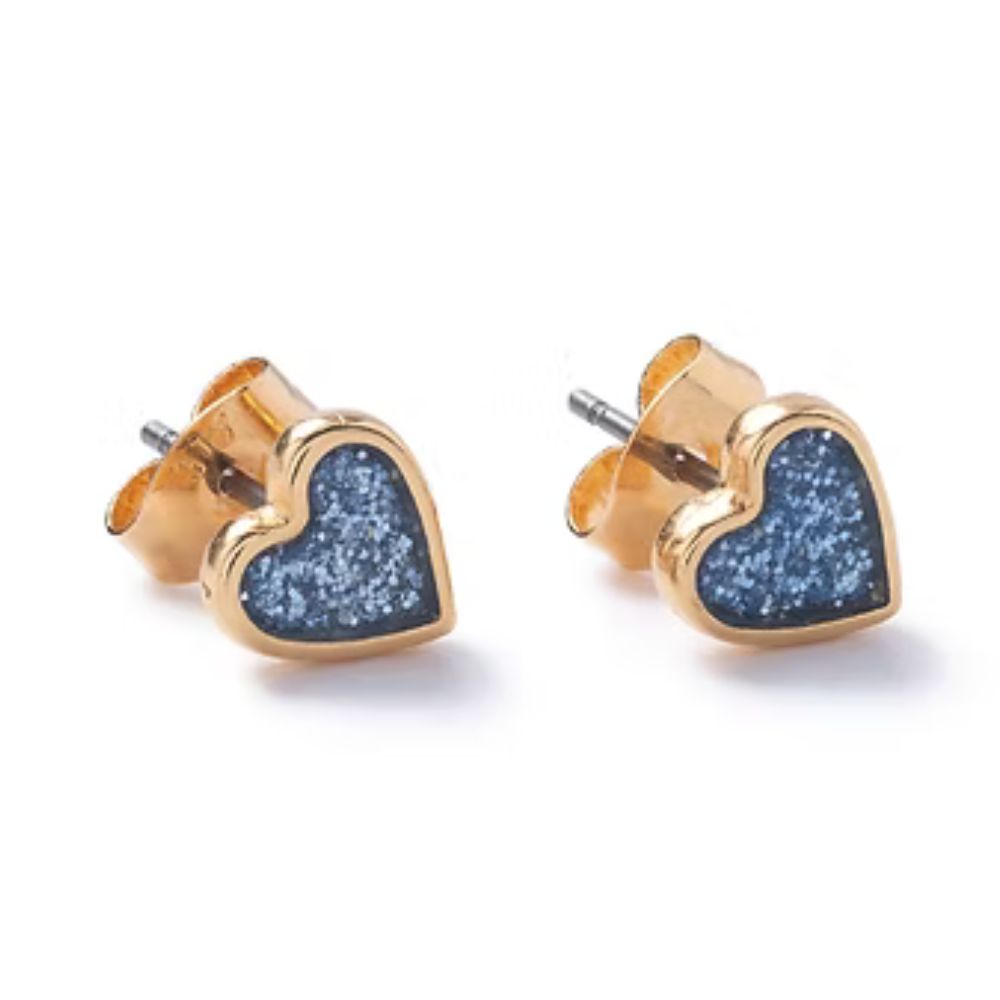 Carrie Elspeth Blue Gold Sparkle Heart Stud Earrings