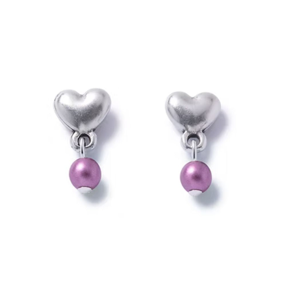 Carrie Elspeth Silver Heart Stud Earrings with Pink Pearl Dropper