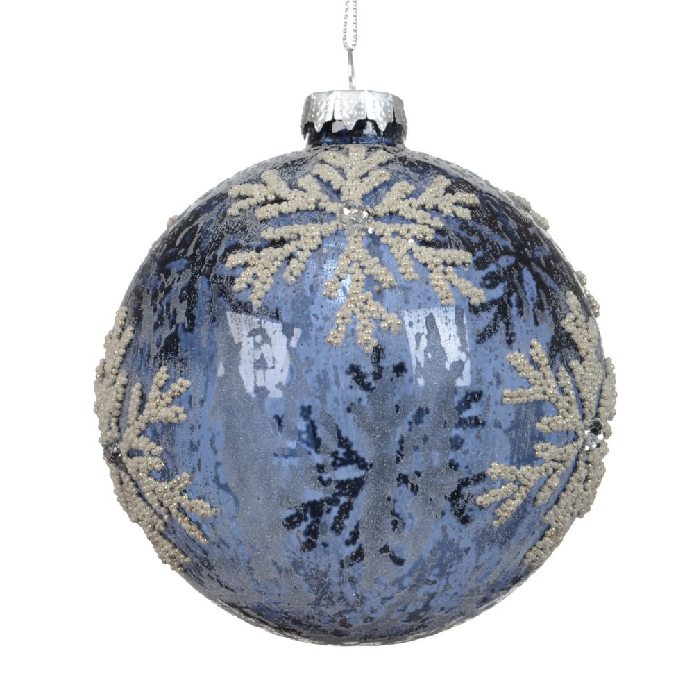 Decoris 10cm Clear Blue Glass Bauble with Snowflakes