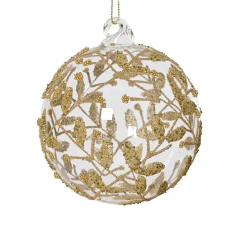 Decoris 10cm Transparent Glass Bauble With Gold bead/Glitter Leaves
