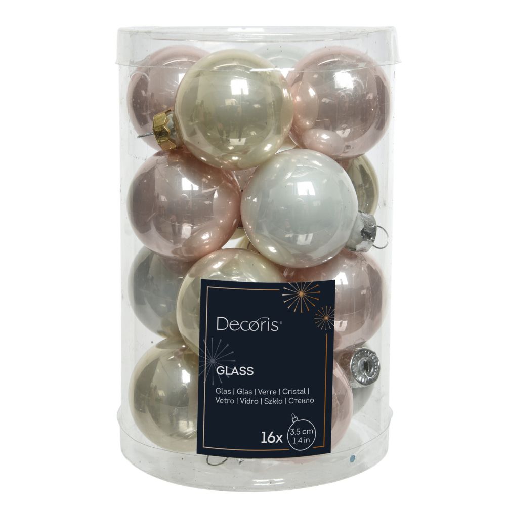 Decoris 3.5cm Soft Pink/Pearl/White Assorted Bauble Mix (Pack Of 16)