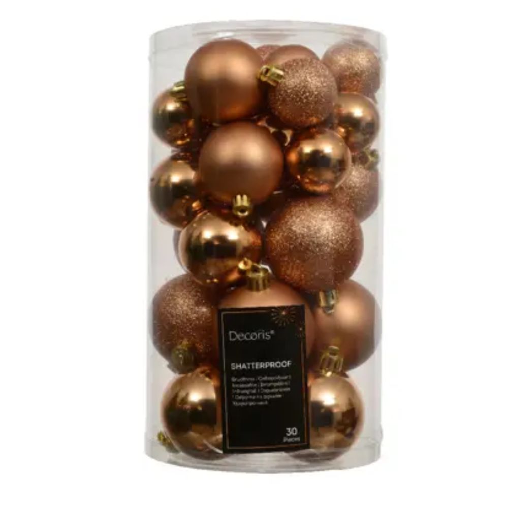 Decoris Brandy Copper Assorted Shatterproof Baubles (Set of 30)