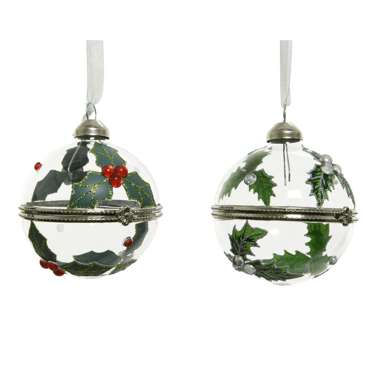 Decoris 6cm Glass Holly Glass Bauble (Choice of 2)
