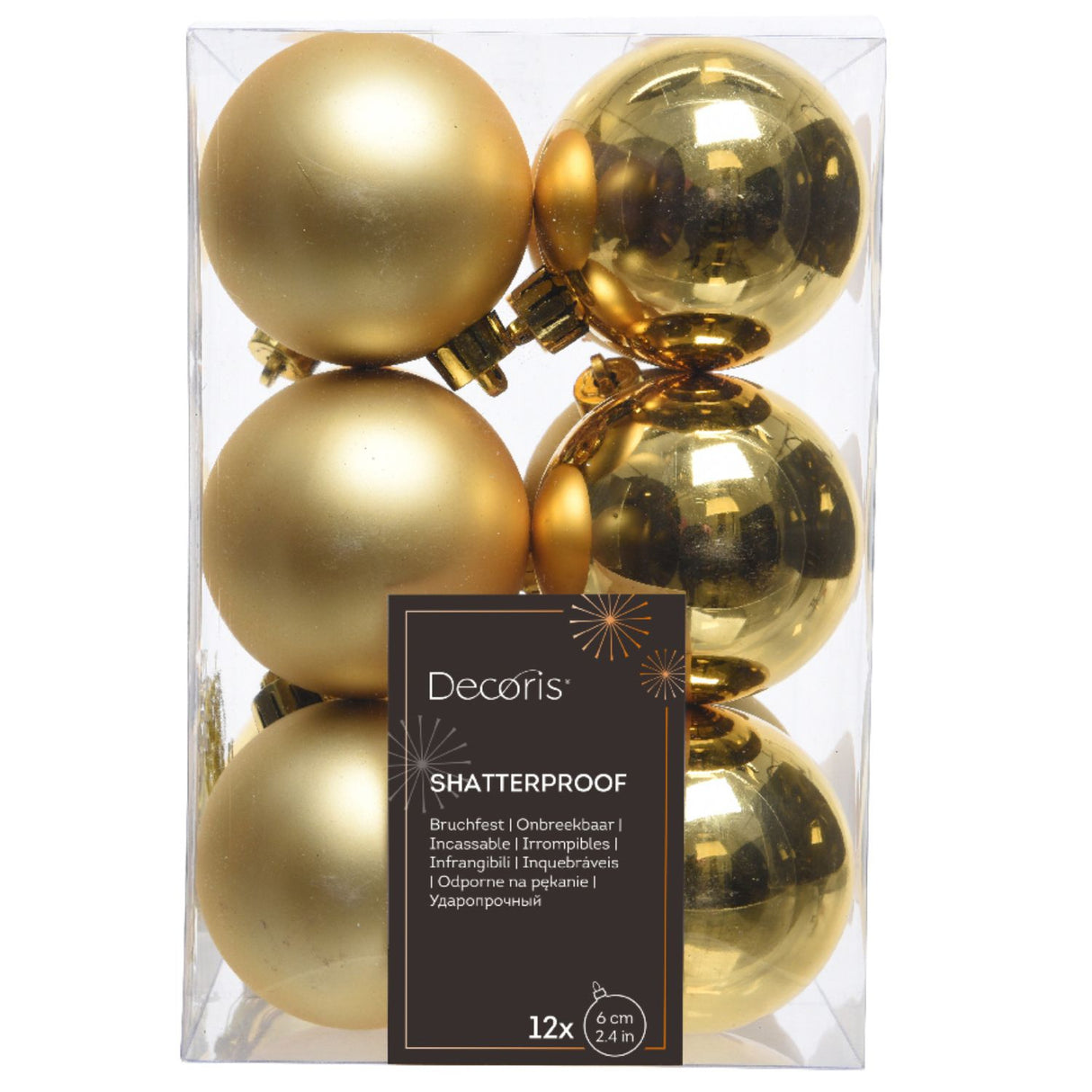 Decoris 6cm Light Gold Shatterproof Baubles (Set of 12)