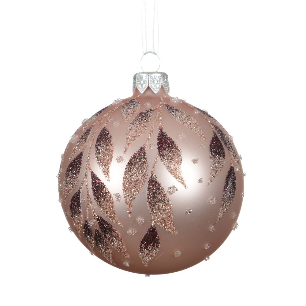Decoris 8cm Blush Pink Matte Glass Bauble with Leaves