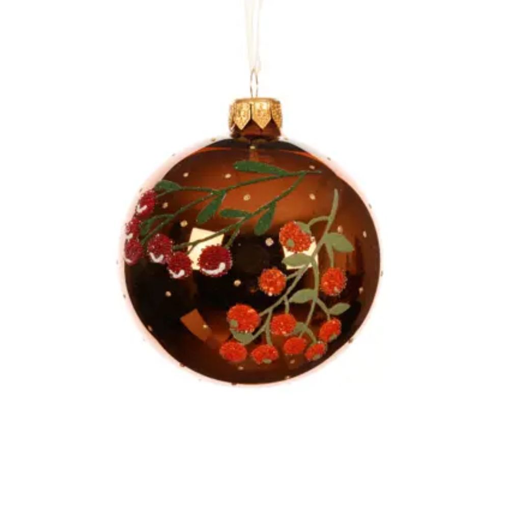 Decoris 8cm Brown Shiny Glass Bauble with Berries