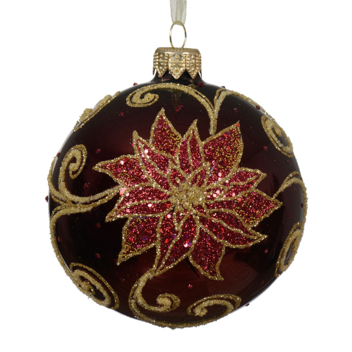 Decoris 8cm Burgundy Glitter Poinsettia Glass Bauble