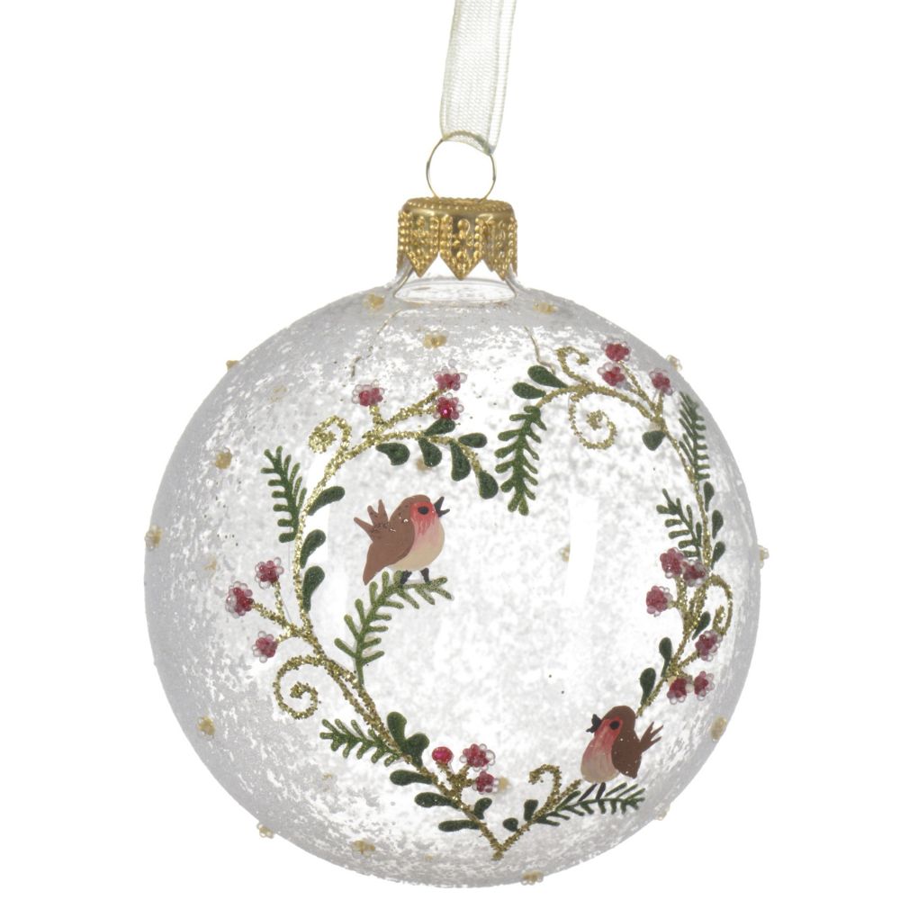 Decoris 8cm Clear Glass Bauble with Branch Heart & Robins