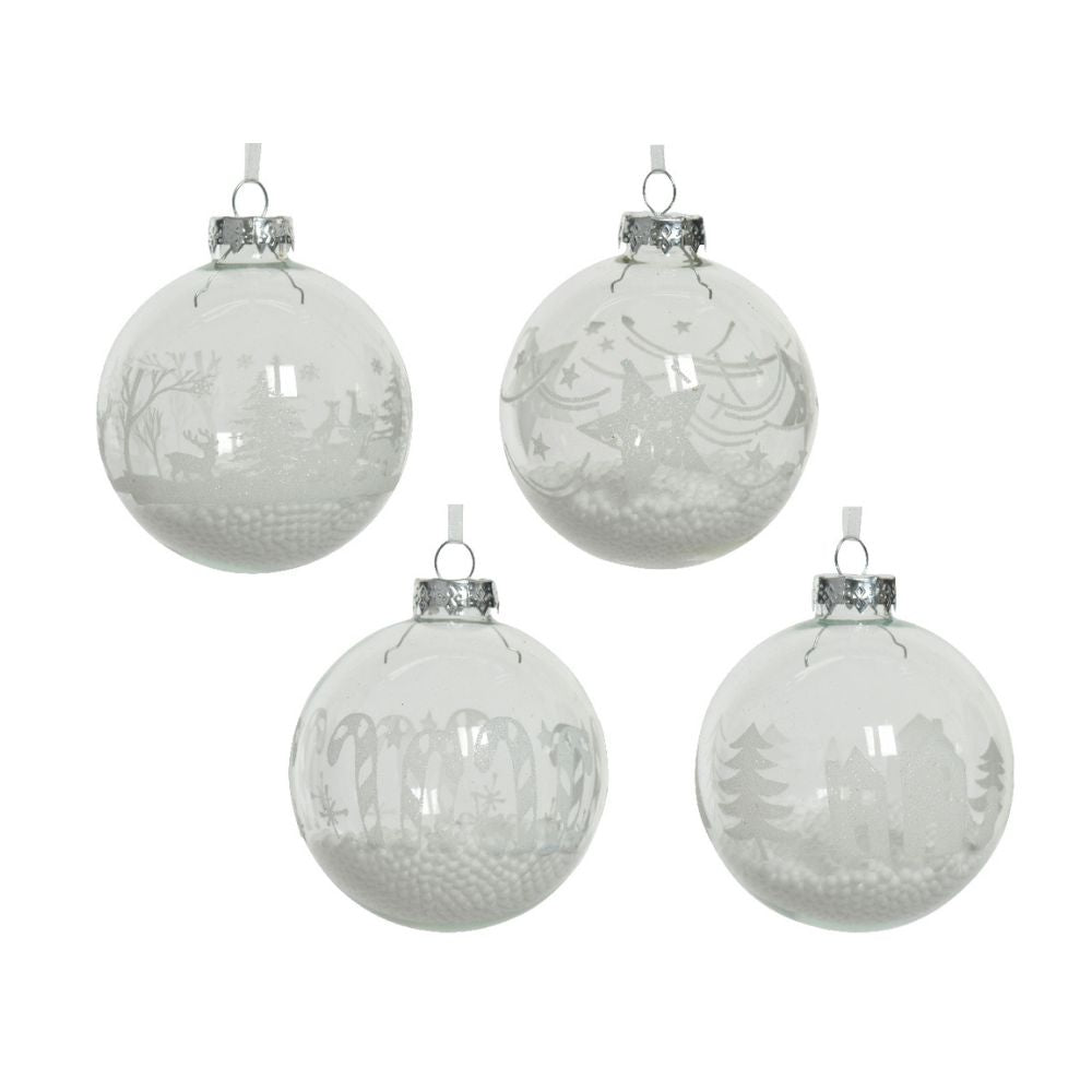 Decoris 8cm Clear Glass Christmas Scene With Beads Bauble (Choice of 4)