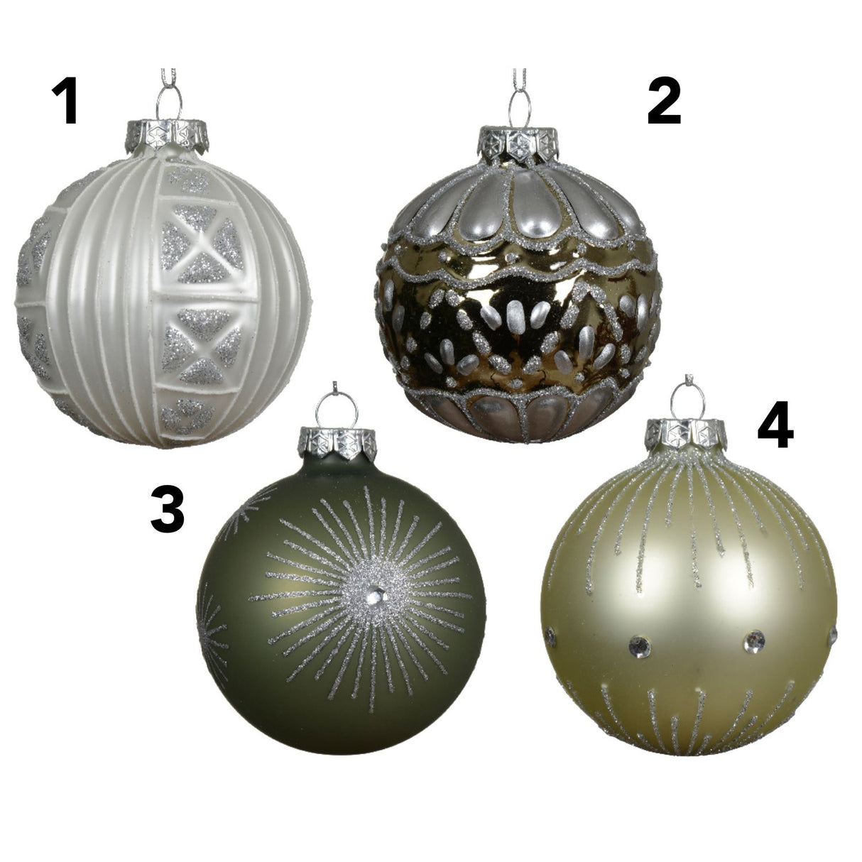 Decoris 8cm Forest Green/White Embossed Glass Bauble (Choice of 4)