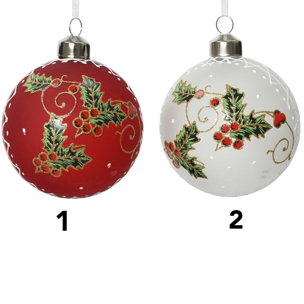 Decoris 8cm Frost Finish Glass Bauble with Holly Berries (Choice of 2)