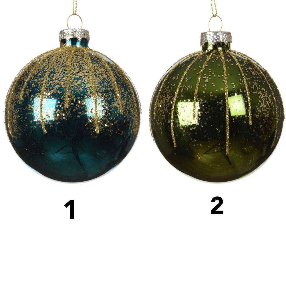 Decoris 8cm Glass Baubles with Glitter Lines & Sequins (Choice of 2)