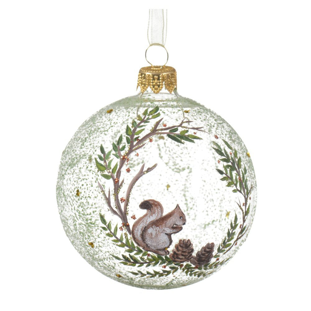 Decoris 8cm Glass Clear Squirrel in Wreath Bauble