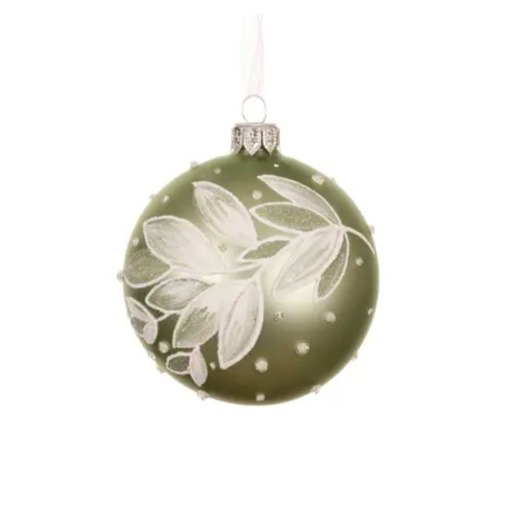 Decoris 8cm Green Matte Glass Bauble with Leaves