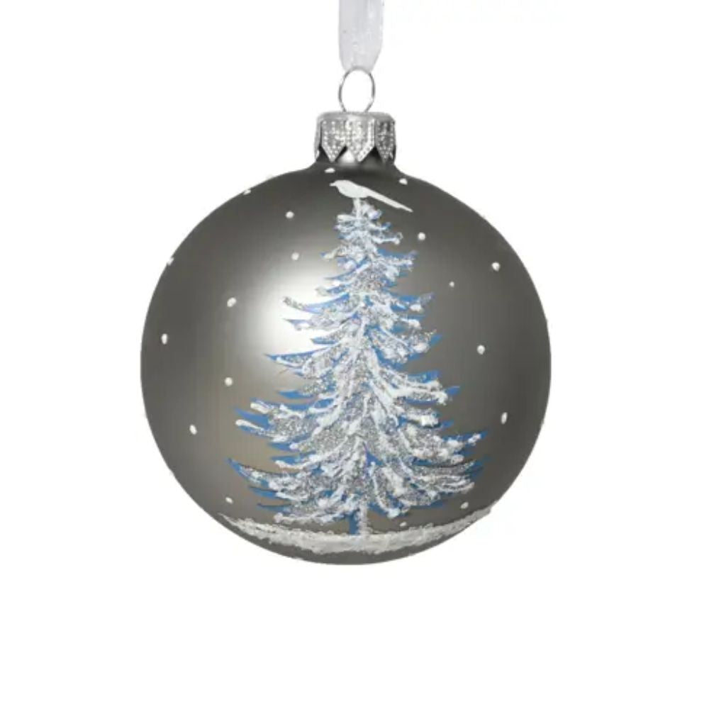 Decoris 8cm Grey Matte Glass Bauble with Snow Tree