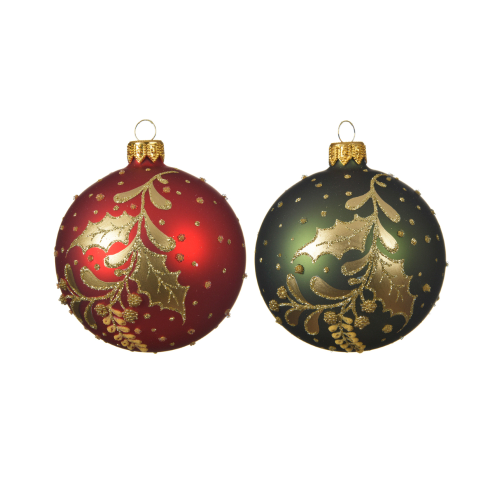 Decoris 8cm Holly & Berry Glass Bauble (Choice of 2)