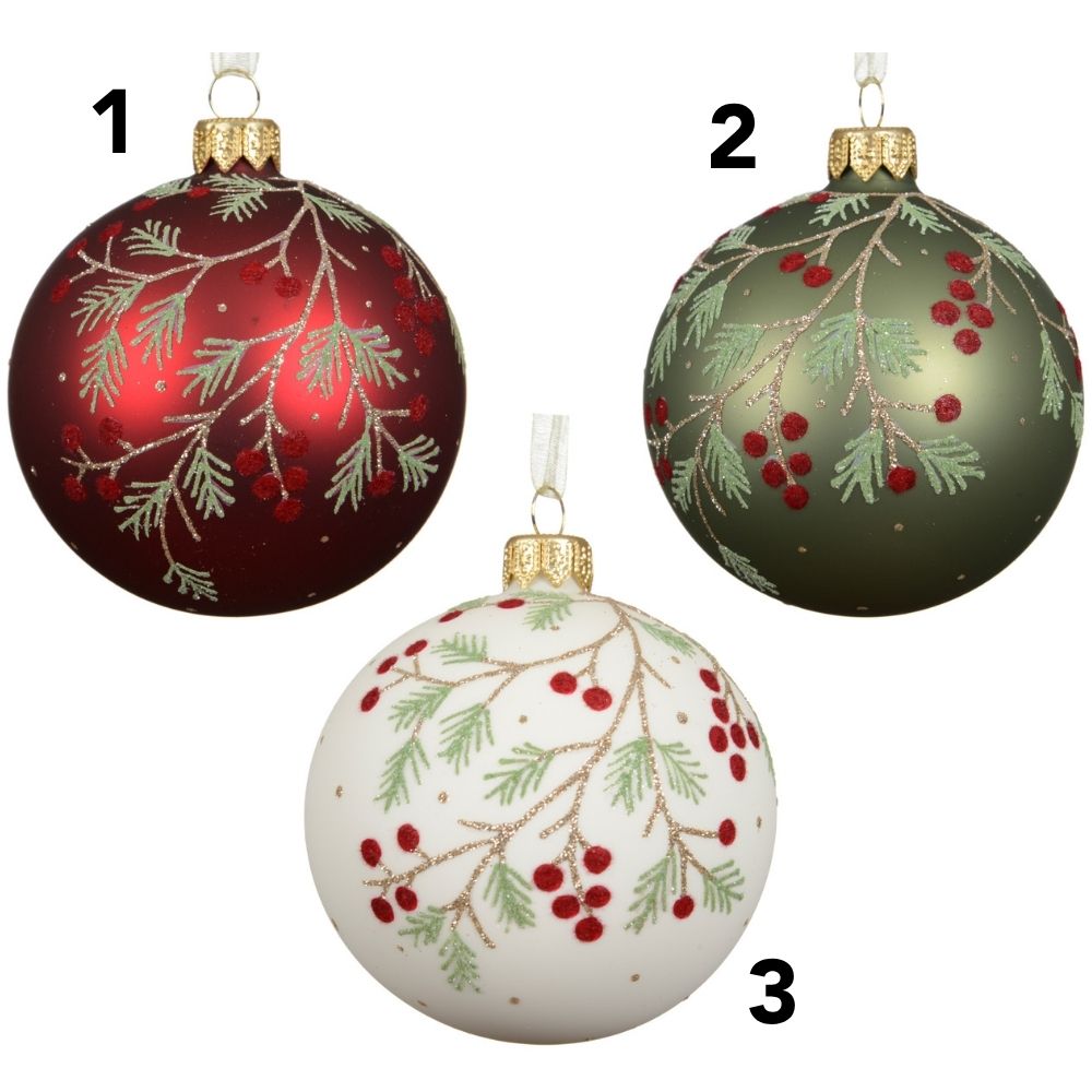 Decoris 8cm Matte Glass Bauble with Berry Branches (Choice of 3)