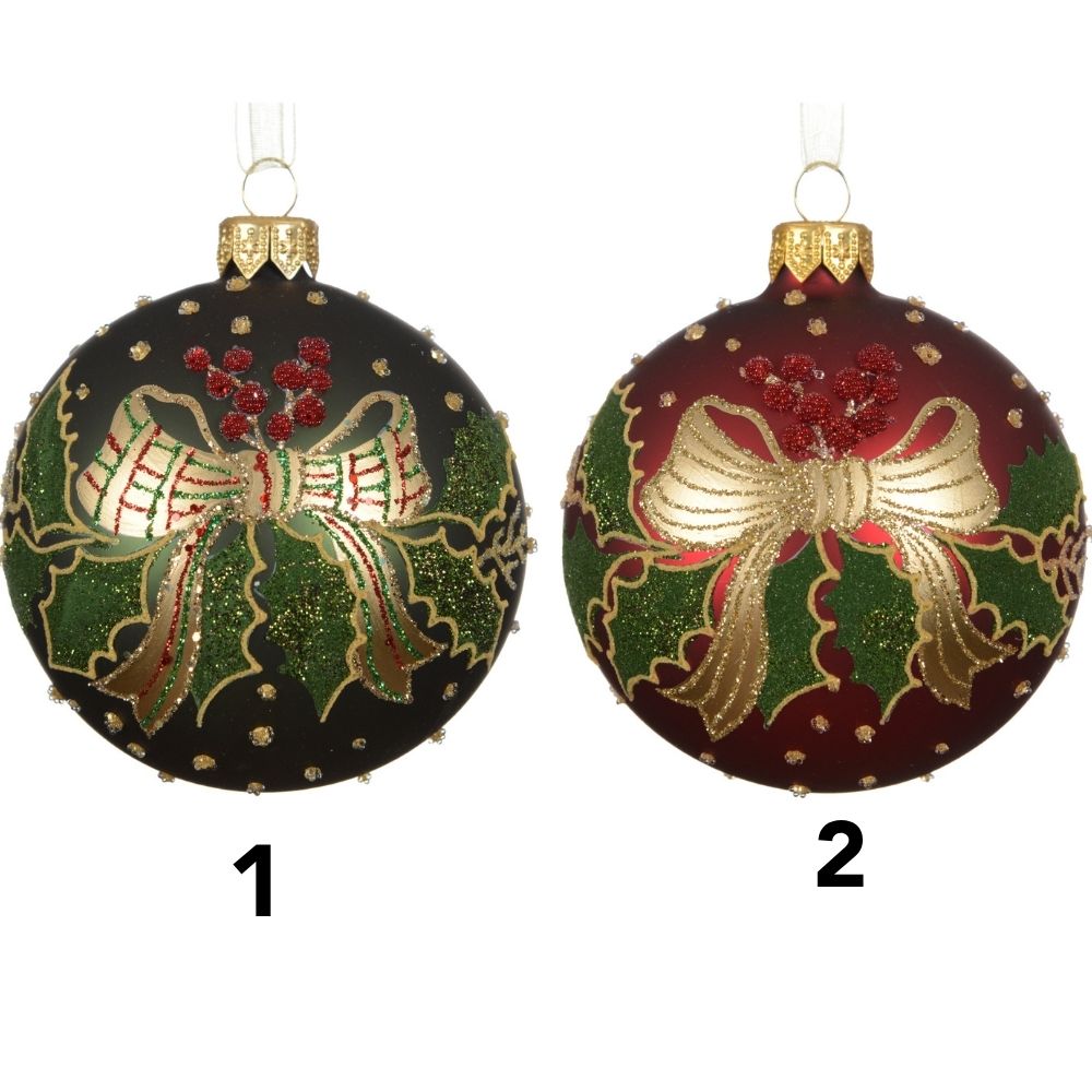 Decoris 8cm Matte Glass Bauble with Bow & Holly (Choice of 2)