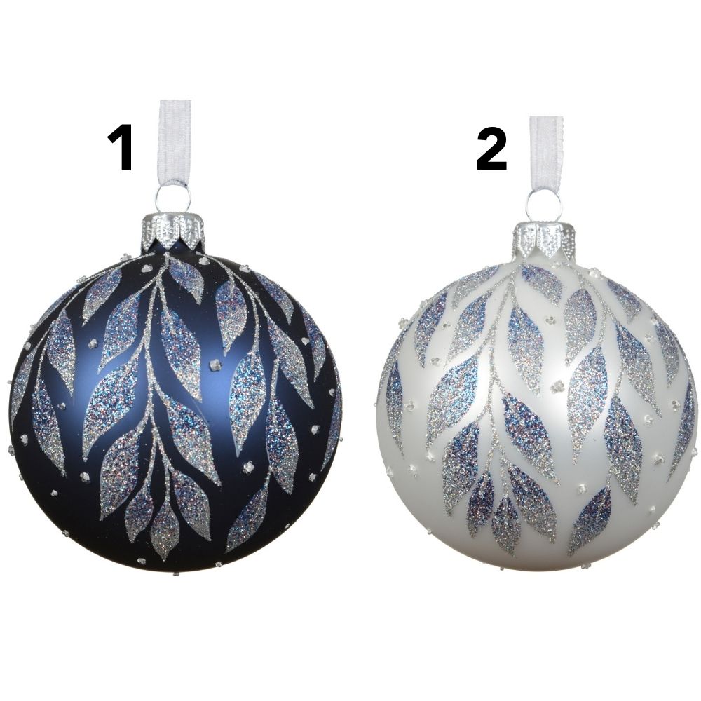 Decoris 8cm Matte Glass Bauble with Glitter Leaves (Choice of 2)