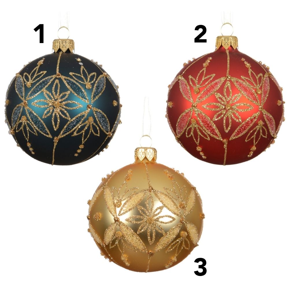 Decoris 8cm Matte Glass Bauble with Gold Glitter Pattern (Choice of 3)