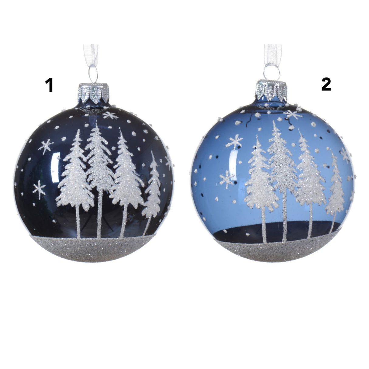 Decoris 8cm Night Blue Glitter Snowy Trees Glass Baubles (Choice of 2)
