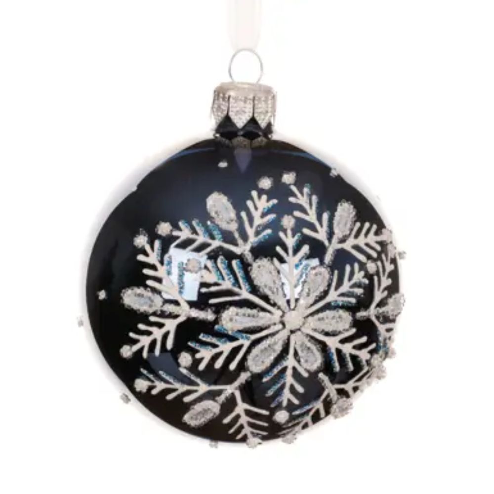 Decoris 8cm Night blue Glass Bauble with Snowflake